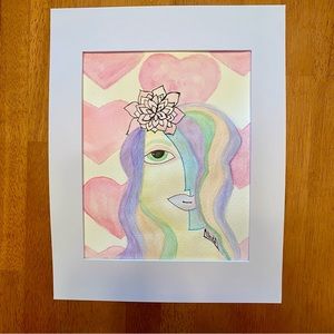 Green Eye Diva hand painted watercolor art with an 11x14 mat ready to frame